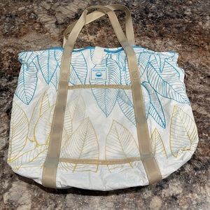 Leaf Print Tote Bag with Beige Straps